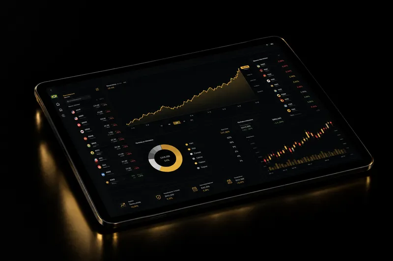 Prévia ilustrativa de um painel de investimentos em um tablet
